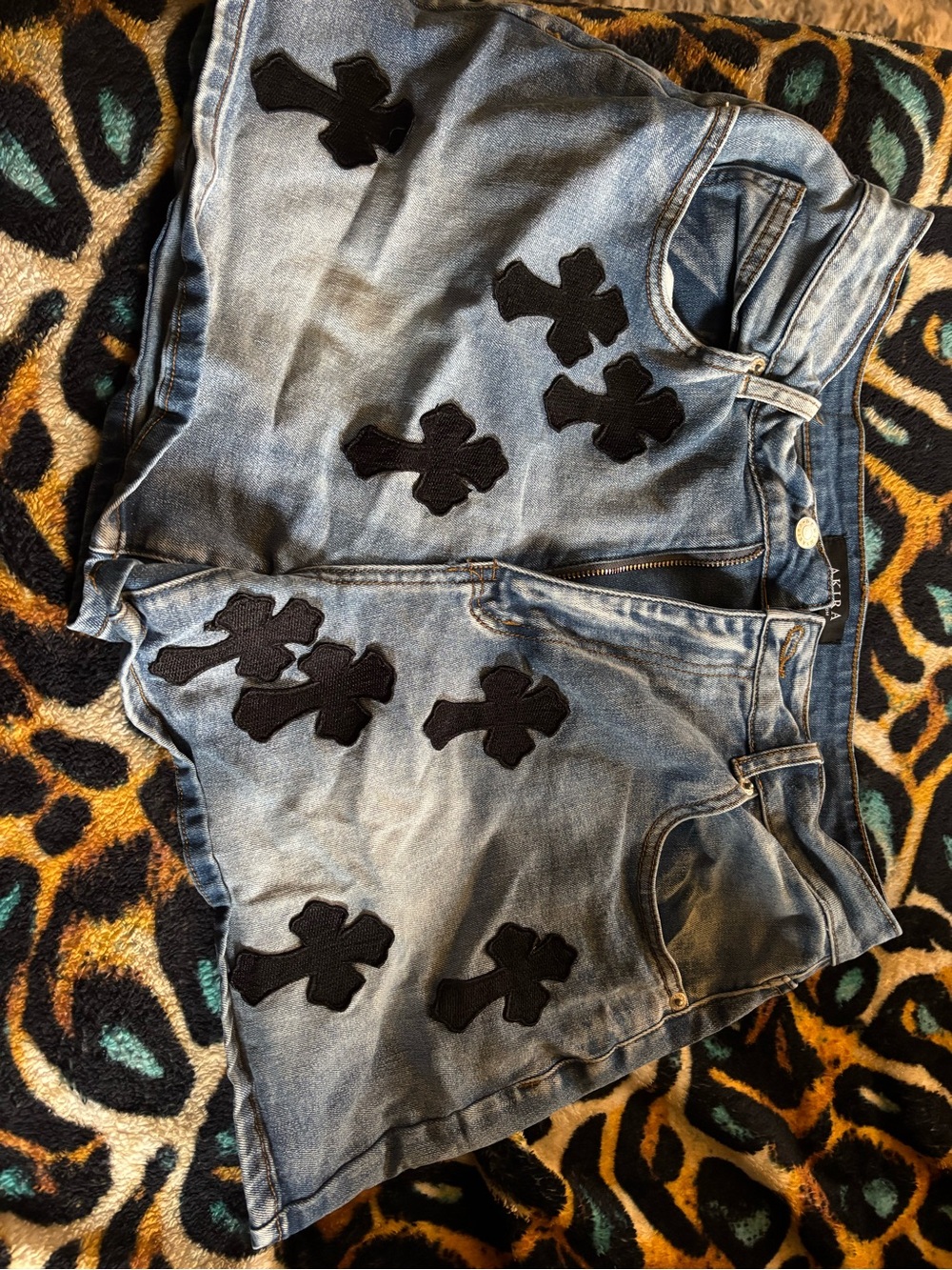 AKIRA Light Blue Denim Jeans with Black Cross Patches